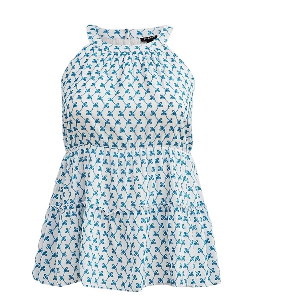 Torrid Womens‎ Plus Size 5 White Blue Embroidered Tiered Babydoll Halter Top